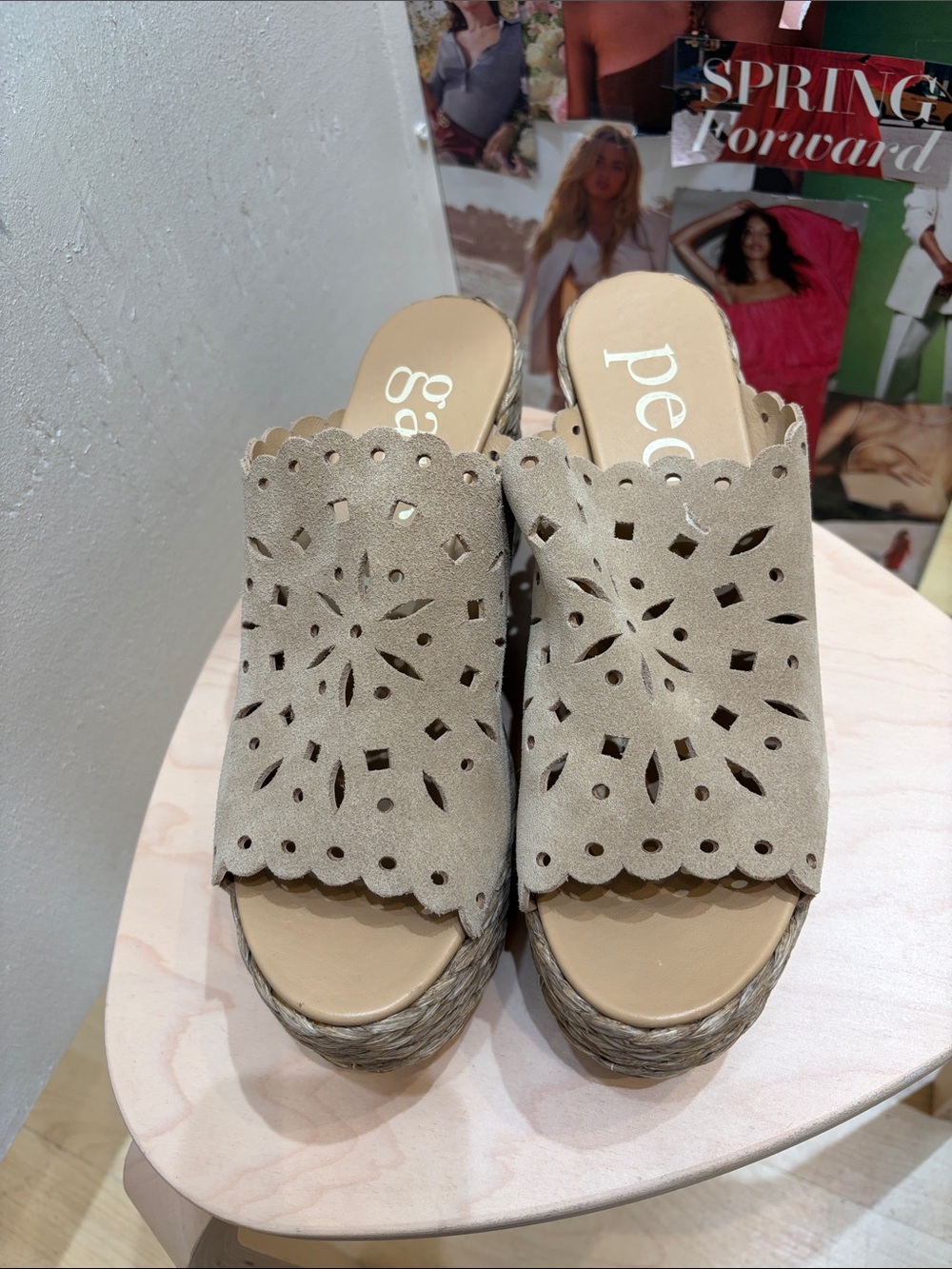 Pedro Garcia Beige Laser-Cut Suede Wedge Mules